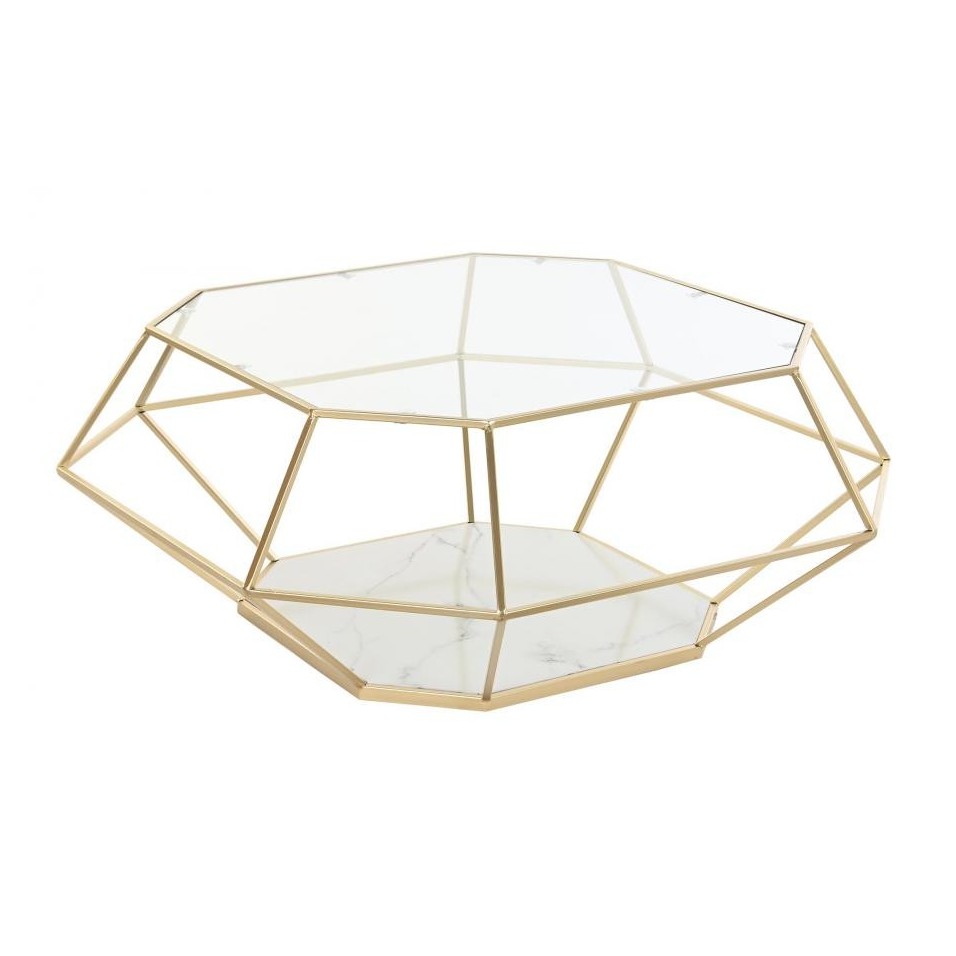 Mesa Centro Metal Cristal Mate Dorado