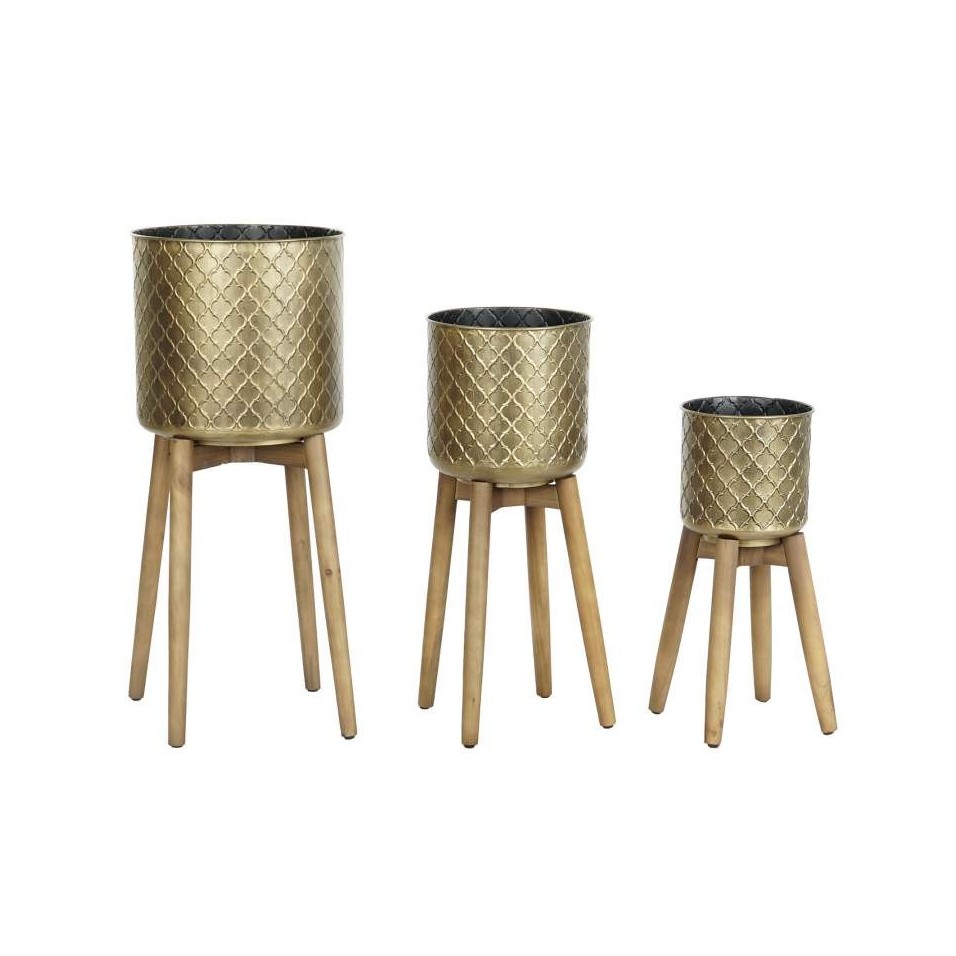 Macetero Set 3 Metal Madera Dorado